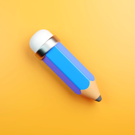 3D render of a blue pencil with white eraser on yellow background. Minimalist composition, bright...