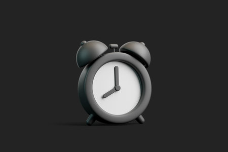 Minimal 3D render of a black retro alarm clock standing at an angle on a dark background