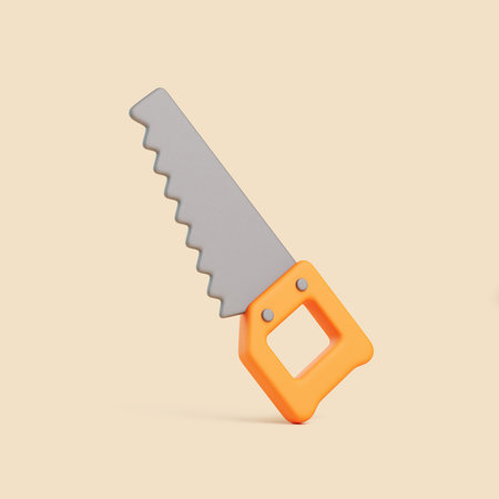 3D render of a hand saw with gray blade and orange handle standing vertically on beige background....