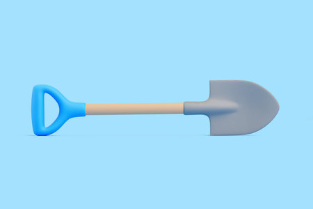 3D render of a garden shovel with blue handle and metal blade lying horizontally on blue background....