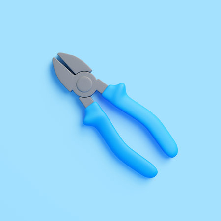 3D render of pliers with blue rubber handles lying diagonally on a light blue background. Concept of...