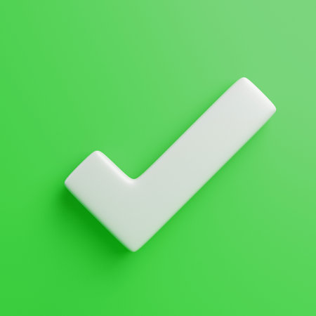 Simple 3D check mark in white color on a bright green background, minimal approval icon
