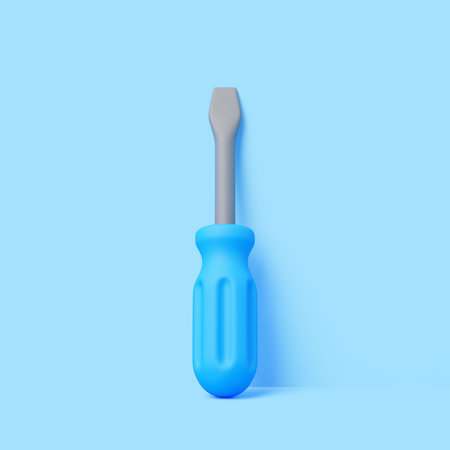 3D illustration of flat head screwdriver with blue plastic handle and gray shaft on blue background