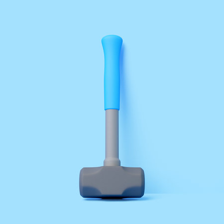 3D render of a sledgehammer with gray metal head and blue handle on light blue background. Minimal tool concept for construction, repair, and DIYの写真素材
