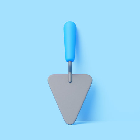 Realistic 3D trowel with blue grip and triangular metal blade on soft blue background
