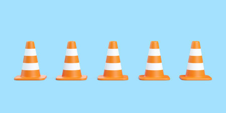 Five orange traffic cones with white stripes arranged in a row on a blue background. Concept of...
