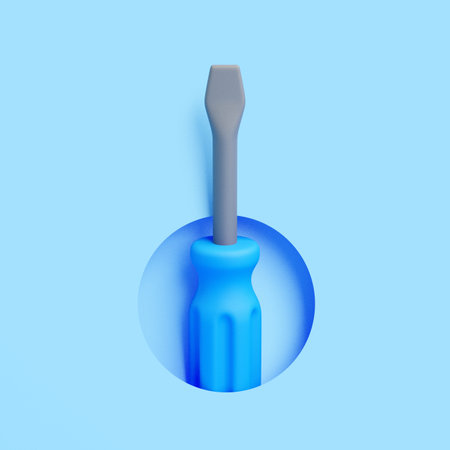 3D screwdriver with gray metal tip and blue handle isolated on light blue background in minimal...
