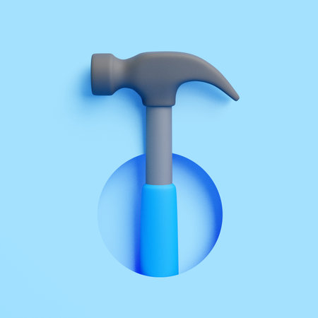 3D hammer with gray head and bright blue handle isolated on light blue background in minimal styleの写真素材