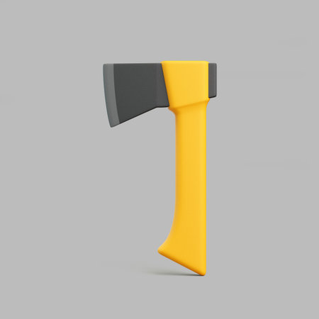 3D ax with yellow handle and gray metal blade isolated on gray background in minimalist styleの写真素材