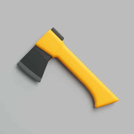 3D render of a yellow hand ax with a black blade isolated on gray background. Modern tool for wood cutting, carpentry, and outdoor workの写真素材