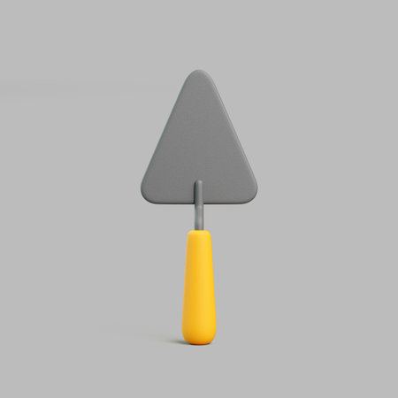 3D render of triangular trowel with yellow handle and gray blade standing upright on gray surfaceの写真素材
