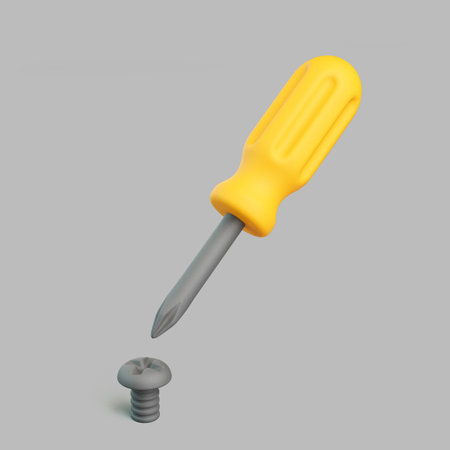 3D render of yellow screwdriver pointing at screw on gray backgroundの写真素材