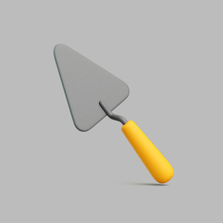 Realistic 3D render of a triangular metal masonry trowel with yellow handle isolated on gray background. Minimal construction tool designの写真素材