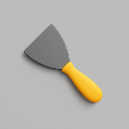 3D render of a gray metal putty knife with yellow handle on gray background. Minimalistic repair and construction tool conceptの写真素材
