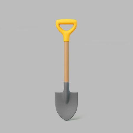 3D shovel with yellow handle on gray background, minimal gardening and construction toolの写真素材