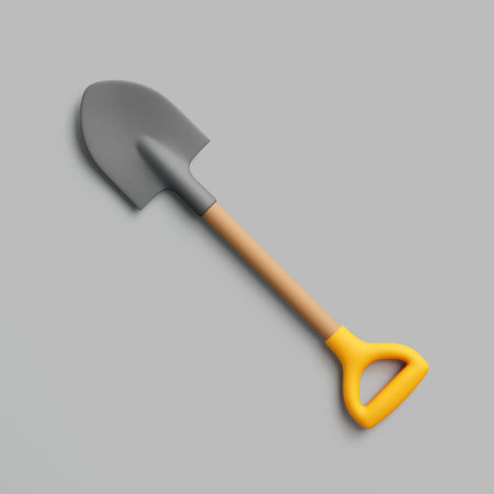 3D render of shovel with yellow handle and gray blade placed diagonally on gray surface