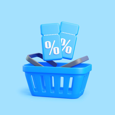 3D illustration of a blue shopping basket with two percent discount coupons inside. Perfect for e-commerce, sales, marketing, and online store promotionsの写真素材
