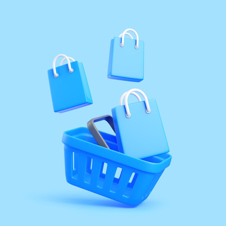 3D render of blue shopping basket with floating shopping bags on blue backgroundの写真素材