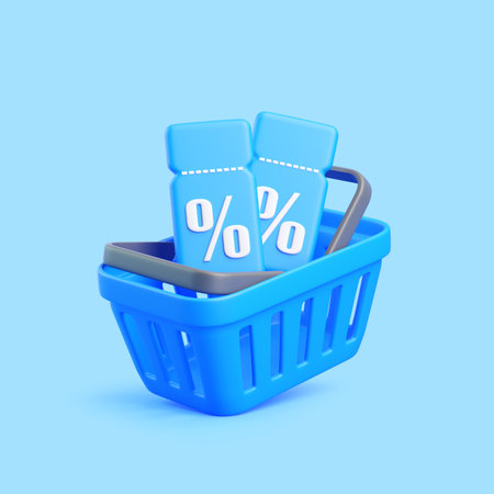 3D render of a blue shopping basket containing two blue percent discount coupons. Modern illustration for sales, e-commerce, and special offersの写真素材