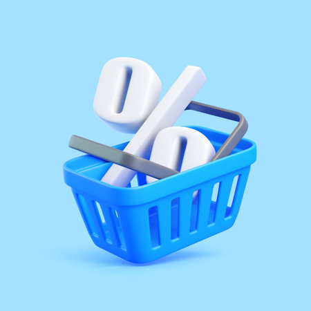 Creative 3D render of a blue shopping basket with a white percent sign inside, symbolizing sale, discount, and promotion. Minimal commerce concept on blue backgroundの写真素材