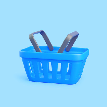 3D render of blue shopping basket with gray handles on light blue background, minimal clean designの写真素材
