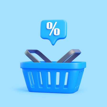 3D render of a blue shopping basket with a floating percent sign above it. Modern illustration for sales, discounts, e-commerce, and special offersの写真素材