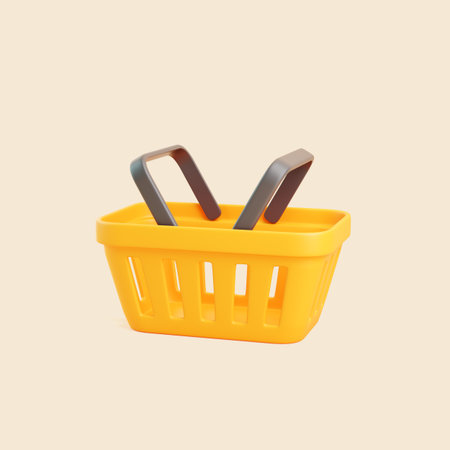 Modern 3D illustration of a yellow plastic shopping basket with gray handles on beige background. Minimal retail and e-commerce conceptの写真素材