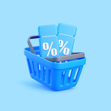 Blue shopping basket with percent discount tickets, 3D render on blue backgroundの写真素材