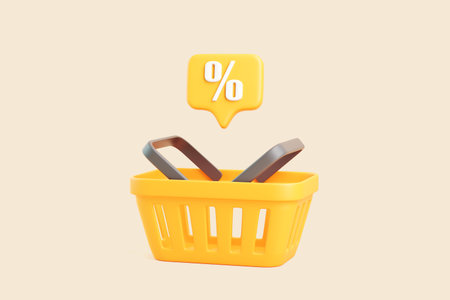 3D render of yellow shopping basket with percent discount symbol above on beige backgroundの写真素材