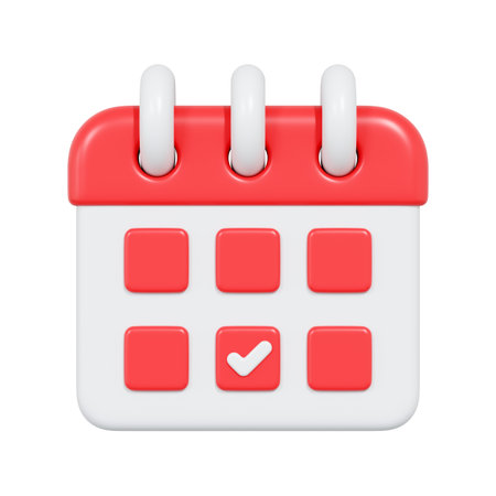 Red 3D calendar with check mark icon symbolizing completed task, schedule or reminderの写真素材