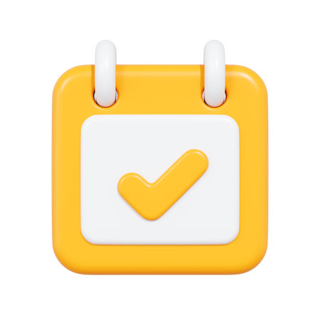 3D illustration of a yellow calendar icon with a white check mark symbol. Perfect for scheduling, reminders, completed tasks, and time management visualsの写真素材