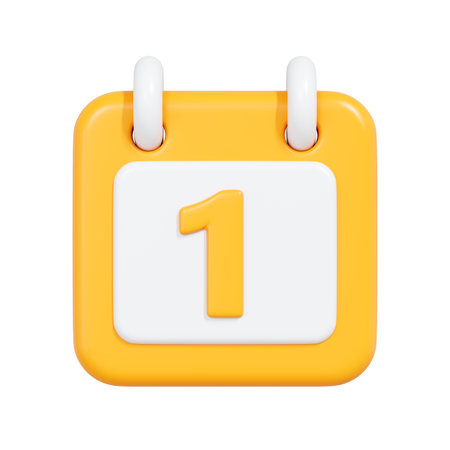 3D illustration of yellow calendar icon with number one on white backgroundの写真素材