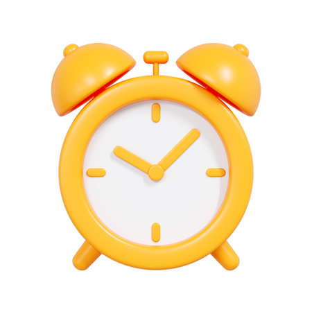 Bright yellow 3D alarm clock symbolizing time, reminder, schedule, wake-up or deadline managementの写真素材