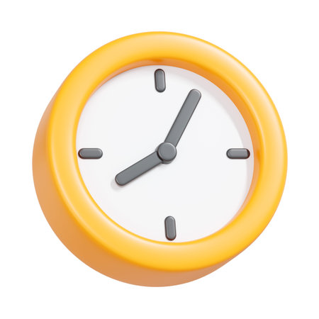 A 3D yellow round clock shown at an angle, featuring a white face and gray hands. Perfect for...