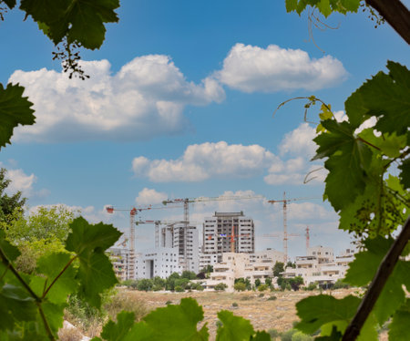 Modiin, Israel, May 21, 2022. View through the vine of the construction of a large new residential area overlooking a green park with trees and a lawn next to residentialのeditorial素材