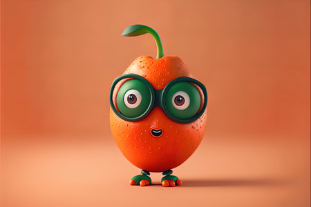 Funny cartoon character of mango with glasses and green leaf on orange background.の写真素材