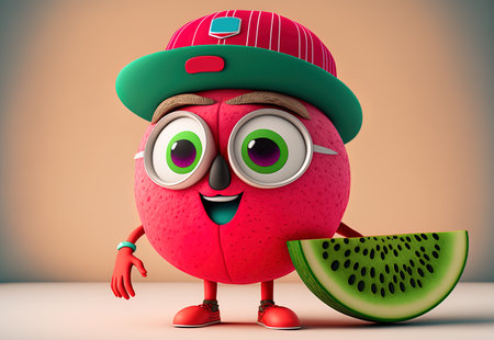 funny cartoon character of watermelon with cap and sunglasses 3d renderingの写真素材