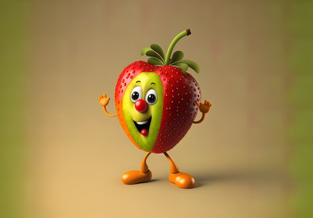 Cartoon strawberry character showing thumbs up gesture with smiley face expressionの写真素材
