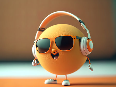3d illustration of orange character with headphones and sunglasses listening to musicの写真素材