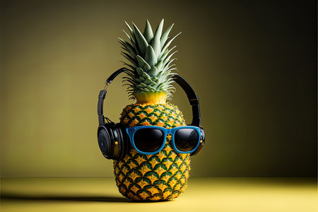 Pineapple with sunglasses and headphones on a yellow background. 3d renderingの写真素材