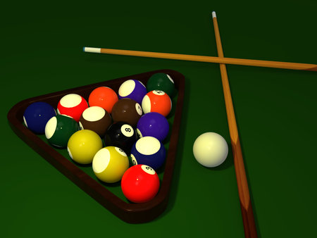 Billiard table with balls set. 3D rendering.