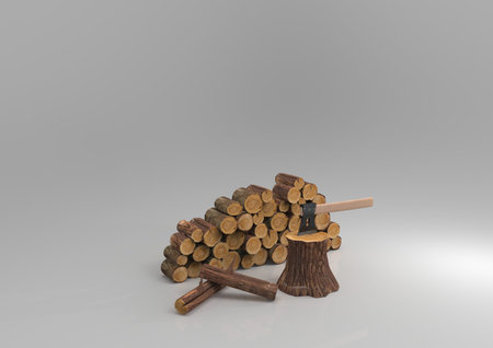 Stack of firewood logs with axe.3D rendering.