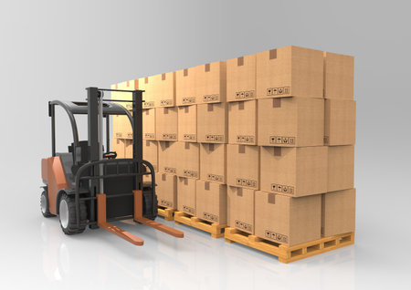 Forklift truck with pallet. 3D rendering.