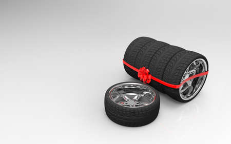 Tyres are stacked and packaged as a gift, on background. 3D renderingの写真素材