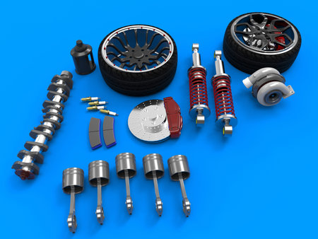Car parts on background. 3D rendering.