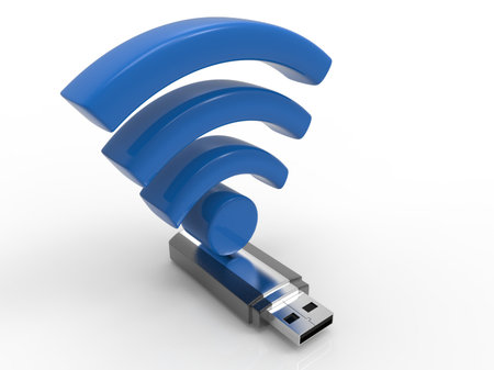 Usb flash drive with Wi-Fi logo on white background. Usb for PC. Memory disk. 3D rendering.