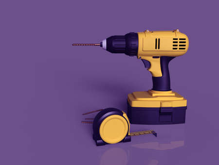 Drill with construction meter on background. Drill for wall. Drill for work. 3D rendering.の写真素材
