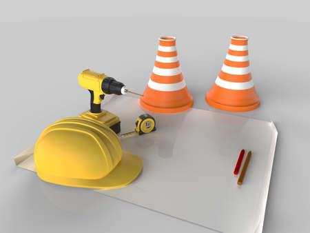 Draft project, helmet and measuring tape on white isolated background, 3D renderingの写真素材
