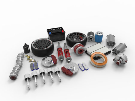 Car parts on white background. 3D rendering.