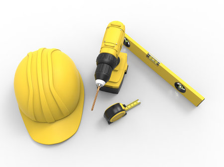 Drill, helmet and measuring tape on white isolated background, 3D rendering